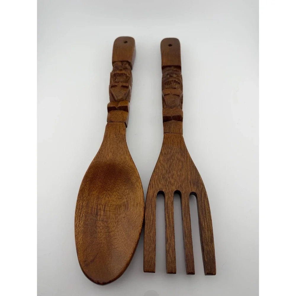 Vintage Hand Carved Wooden Tiki Salad Servers 12 Inch Wood Fork Spoon Set MCM